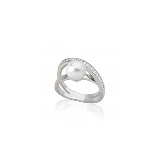 Elegante Majorica damesring met een witte parel en verfijnde afwerking.