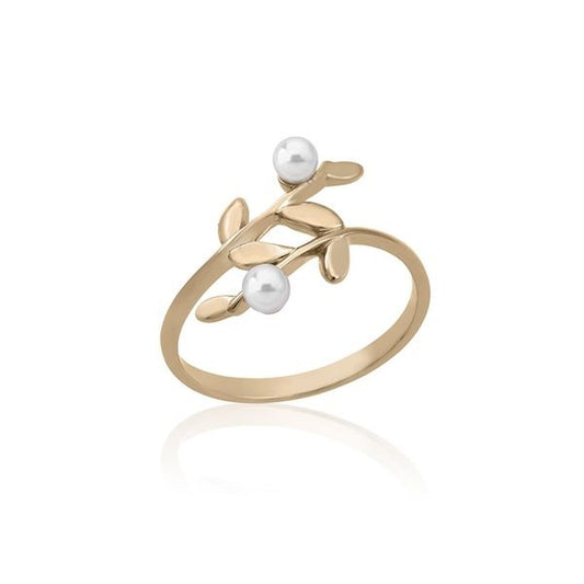 Gouden Majorica ring met elegante takjes en pareldetails, perfect voor elke gelegenheid.