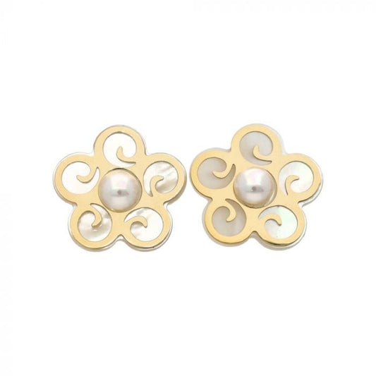 Gouden Majorica oorbellen met parel, bloemvormig en elegant design.
