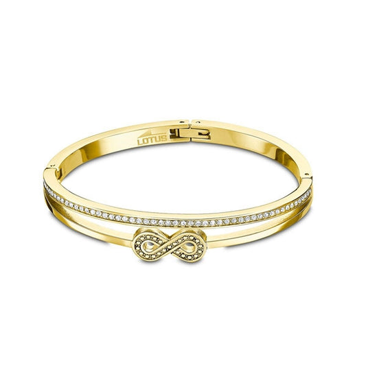 Gouden Lotus armband met oneindigheidssymbool en sprankelende details.