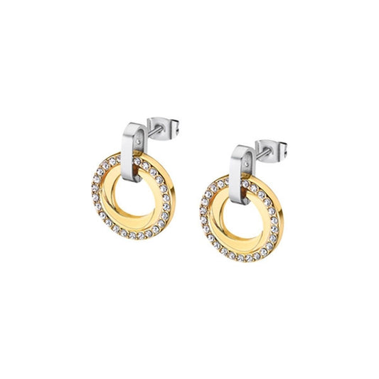 Elegante Lotus oorbellen met gouden en zilveren ringen, versierd met strass.