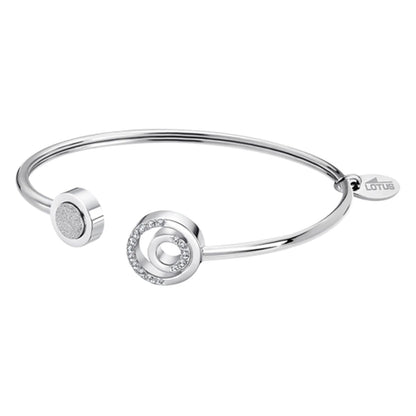 Zilveren Lotus armband met elegante spiraalvorm en sprankelende details.