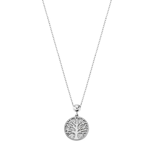 Zilveren Lotus ketting met een ronde hanger en boomontwerp, stijlvol en elegant.