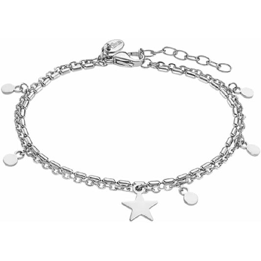 Elegante zilveren Lotus armband met sterren en schijfjes, stijlvol ontwerp.