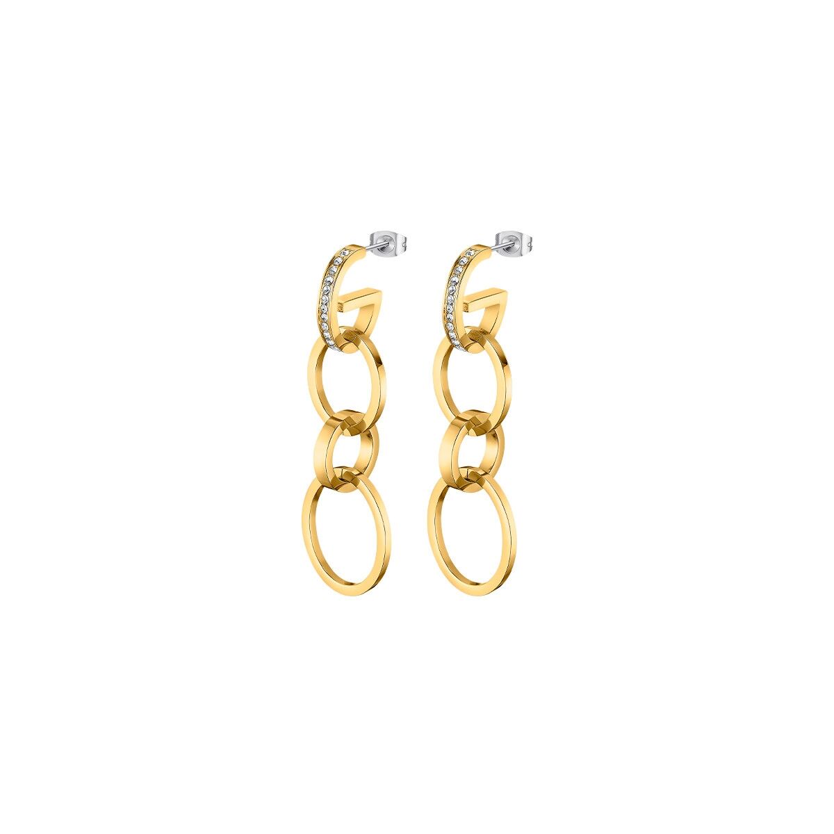 Gouden Lotus oorbellen met trendy schakels en sprankelende details.