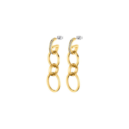 Gouden Lotus oorbellen met trendy schakels en sprankelende details.