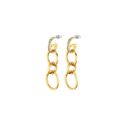 Gouden Lotus oorbellen met trendy schakels en sprankelende details.