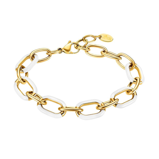 Gouden Lotus armband voor dames met elegante schakels en witte accenten.