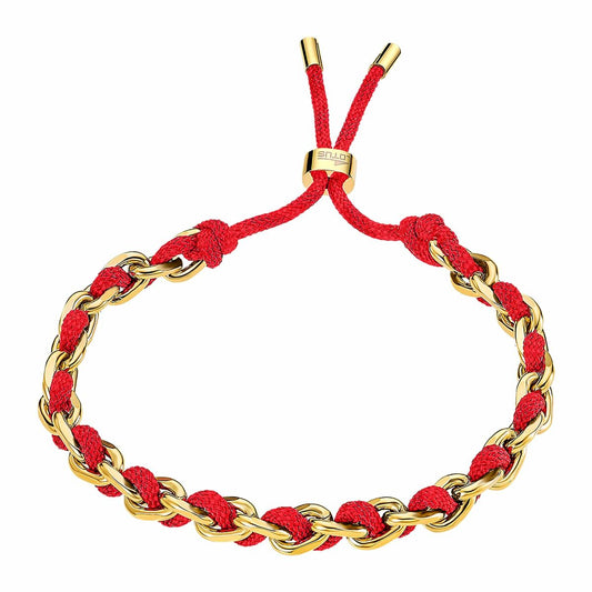 Lotus armband voor dames met een elegante, rode band en gouden schakels.