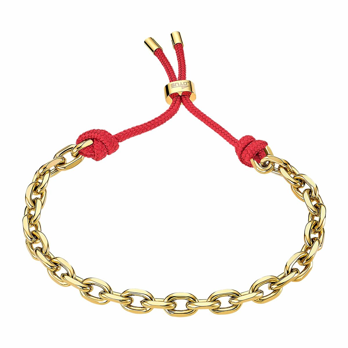 Lotus armband voor dames met een gouden schakelontwerp en een rode koordsluiting.