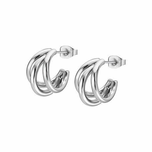 Zilverkleurige Lotus oorbellen met elegant ontwerp en drie ringen.