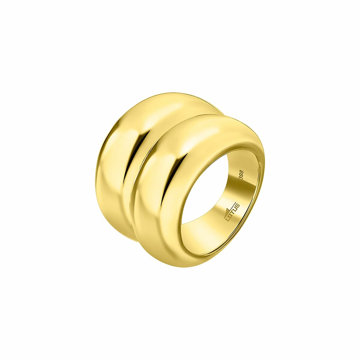Detail van de gouden Lotus ring met een elegante, ronde vorm en glanzende afwerking.
