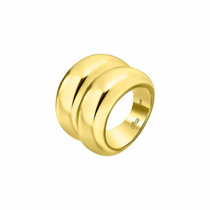 Detail van de gouden Lotus ring met een elegante, ronde vorm en glanzende afwerking.