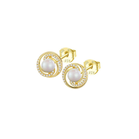 Gouden Lotus oorbellen met parel en sprankelende zirkonia, elegant design.