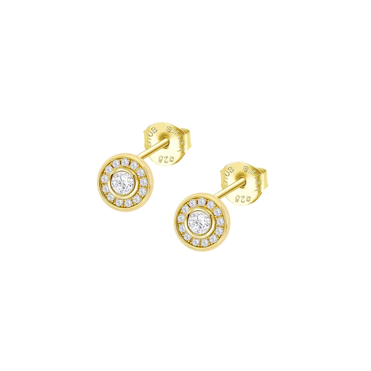 Gouden Lotus oorbellen met elegante cirkelvormige design en sprankelende details.