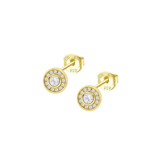 Gouden Lotus oorbellen met elegante cirkelvormige design en sprankelende details.