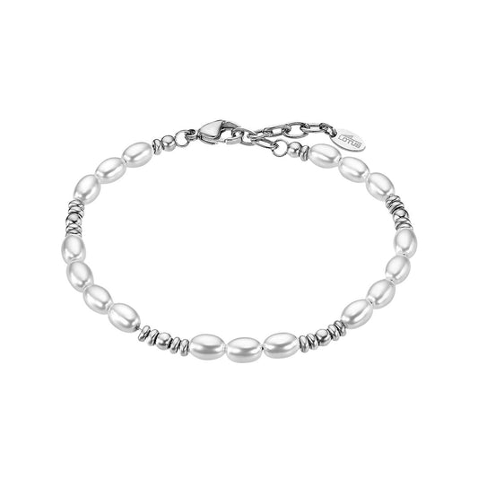 Zilverkleurige Lotus armband met elegante parelvormige schakels en een sluiting.