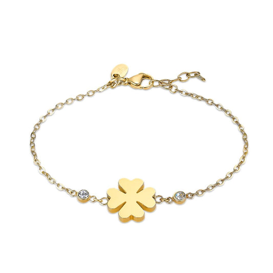 Gouden Lotus armband voor dames met een elegant klavertje vier en sprankelende stenen.