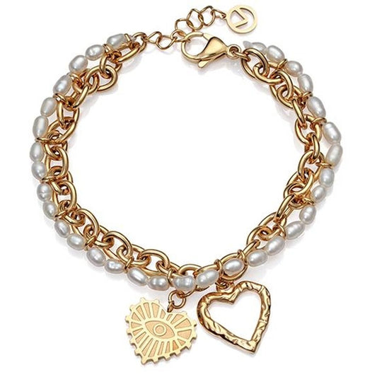 Viceroy dames armband met gouden schakels en parels, versierd met een hartje en zon.