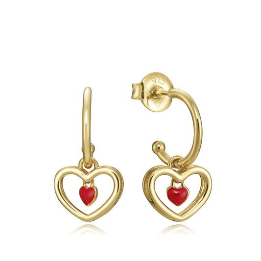 Gouden Viceroy oorbellen met hartvorm en rode details, elegant ontwerp in sterling zilver 925.