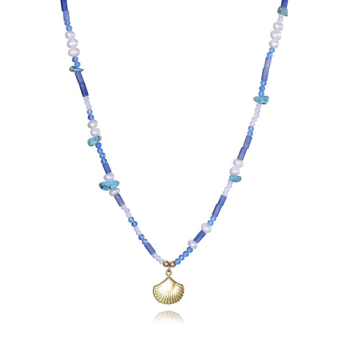 Viceroy damesketting met elegante schelpbedel en blauwe en witte kralen.