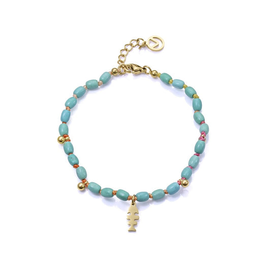 Viceroy armband voor dames, goudkleurig met turquoise kralen en een vis-hanger.