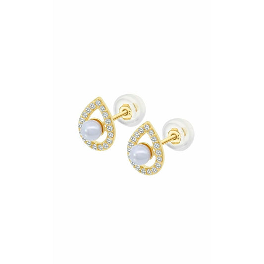Gouden Lotus oorbellen met elegante druppelvorm en parel detail.