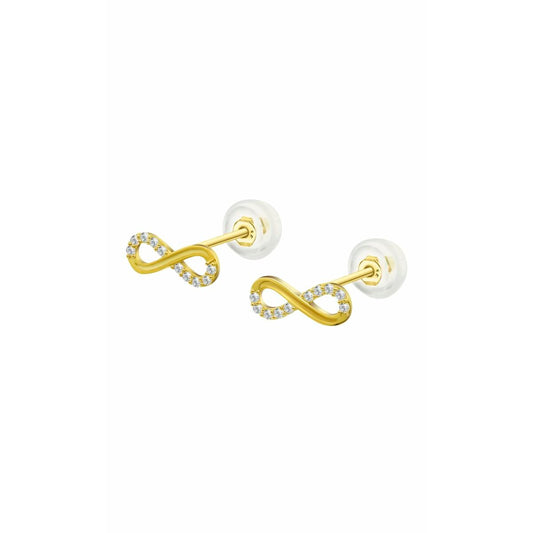 Gouden Lotus oorbellen met een elegant oneindigheidssymbool en sprankelende details.