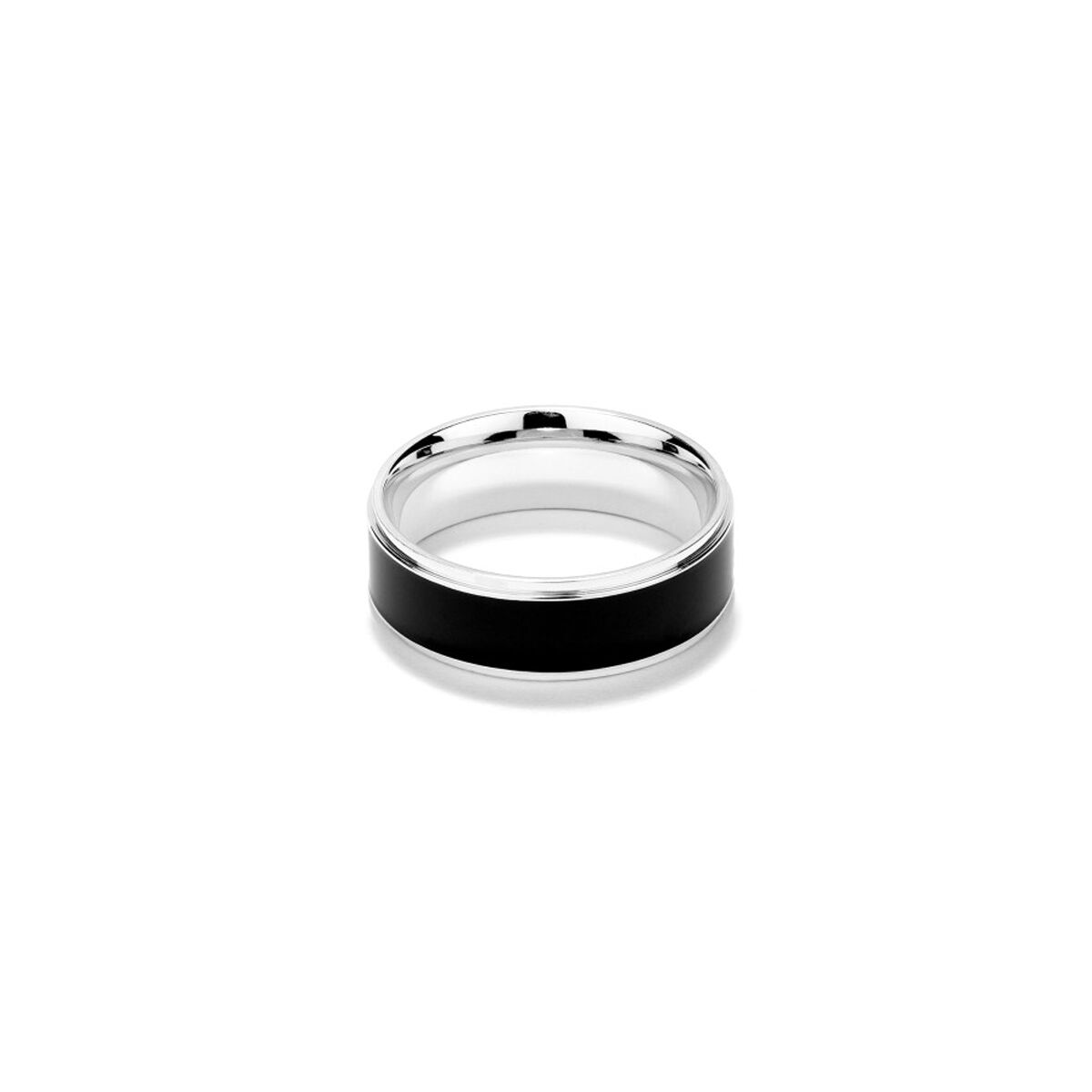Zilverkleurige Radiant ring met zwarte band, zijaanzicht detail.