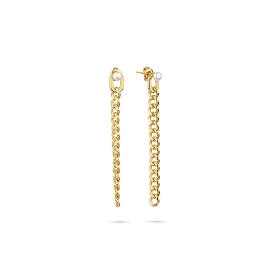 Gouden Radiant oorbellen met elegant ontwerp en lange kettingstijl.