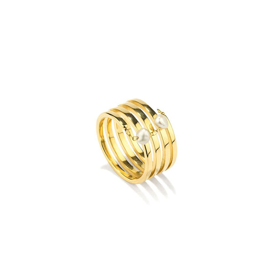Gouden Radiant ring in elegante stijl met perlenaccenten, maat 16.