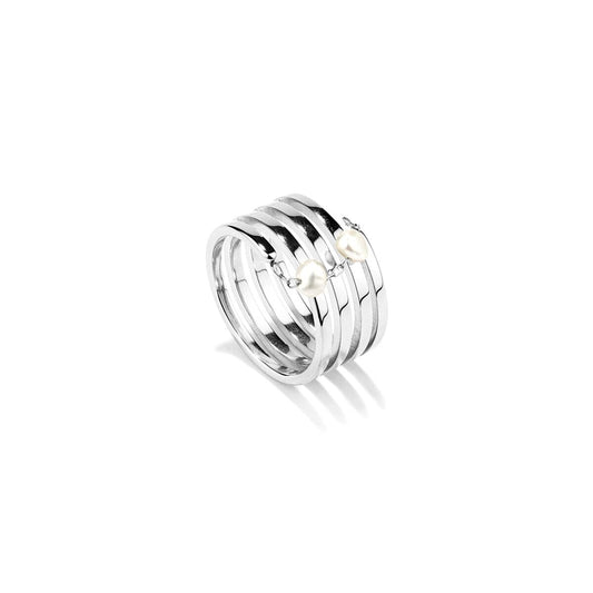 Zilverkleurige Radiant Ring met elegante strakke lijnen en pareldetails, maat 14.