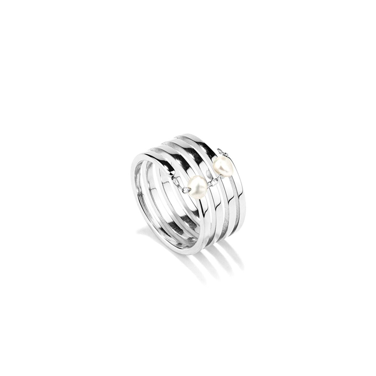 Zilverkleurige Radiant ring met elegante design en pareldetails.