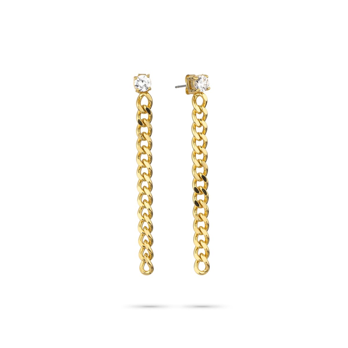 Gouden Radiant oorbellen met elegante kettingontwerp en sprankelende stenen.