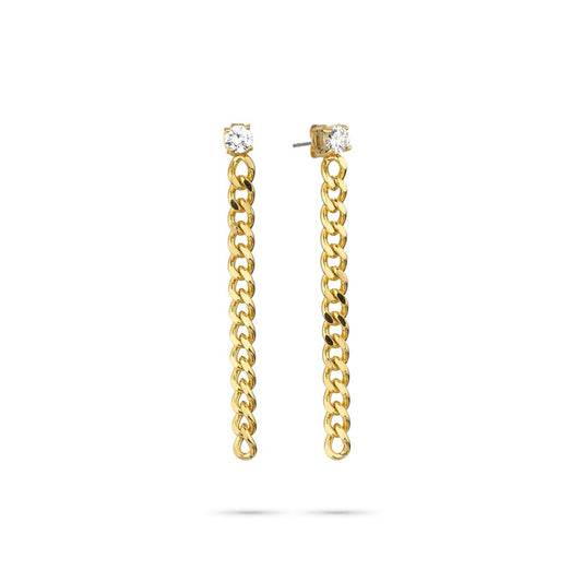 Gouden Radiant oorbellen met elegante kettingontwerp en sprankelende stenen.