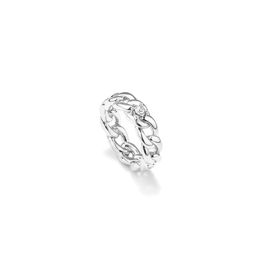 Zilverkleurige Radiant Ring voor dames, elegant ontwerp met unieke schakels.