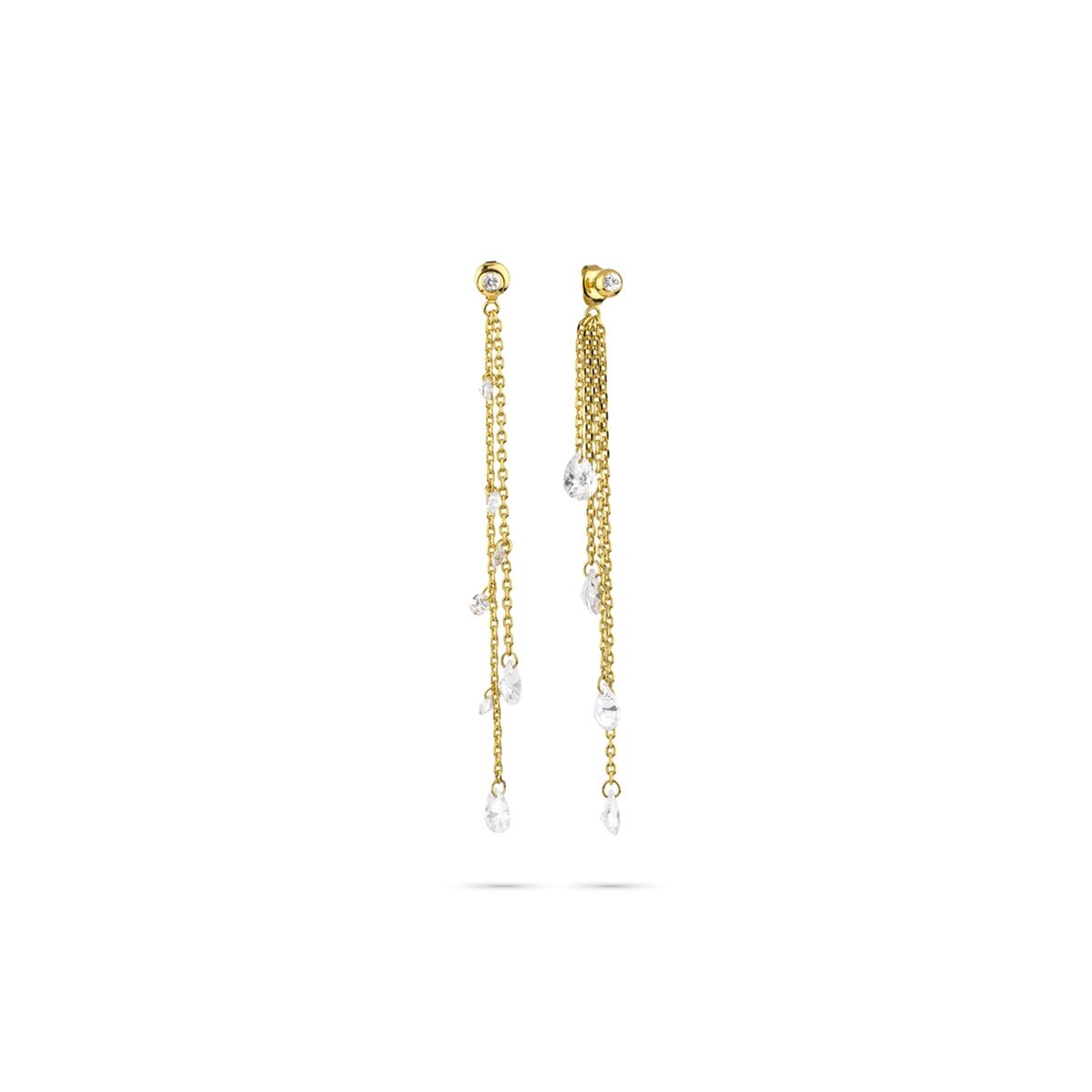 Gouden Radiant oorbellen met elegante kettingen en sprankelende details.