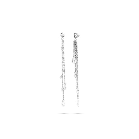 Zilverkleurige Radiant oorbellen met elegante hangers en glinsterende details.