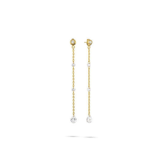 Gouden Radiant oorbellen met elegante hangers en sprankelende details.