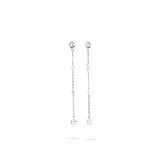 Zilverkleurige Radiant oorbellen met elegante hangende kettingen en strass details.