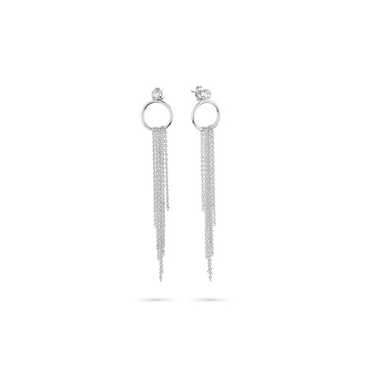 Zilverkleurige Radiant oorbellen met elegante hangende kettingen en strass details.
