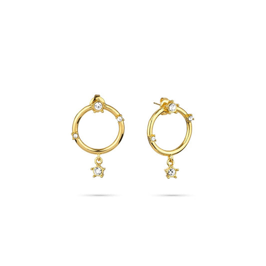 Gouden Radiant oorbellen met elegante cirkelvorm en sprankelende details.
