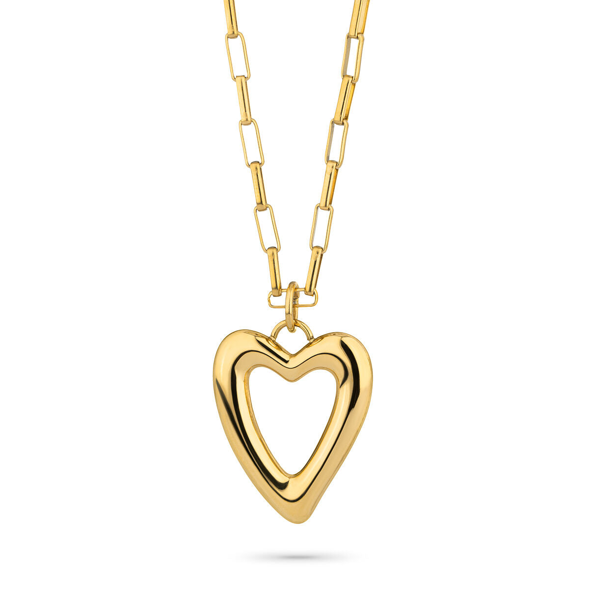 Detail van de gouden Radiant ketting met hartvormige hanger en schakelketting.