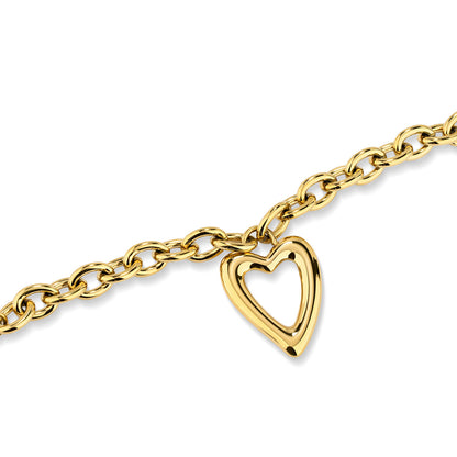 Close-up van de gouden Radiant armband met hartvormige hanger en schakelketting.