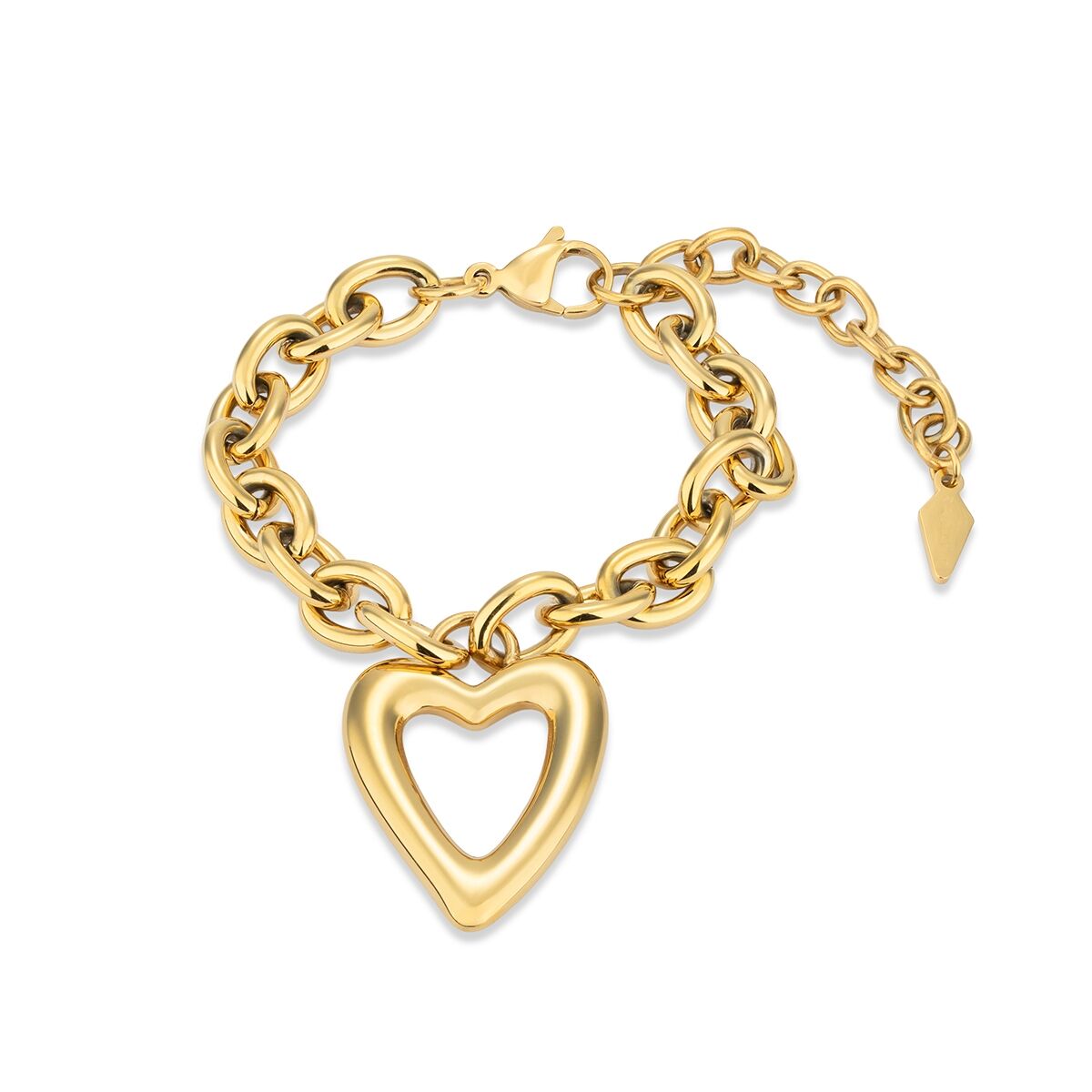 Gouden Radiant armband met hartvormige hanger en schakels, elegant design.