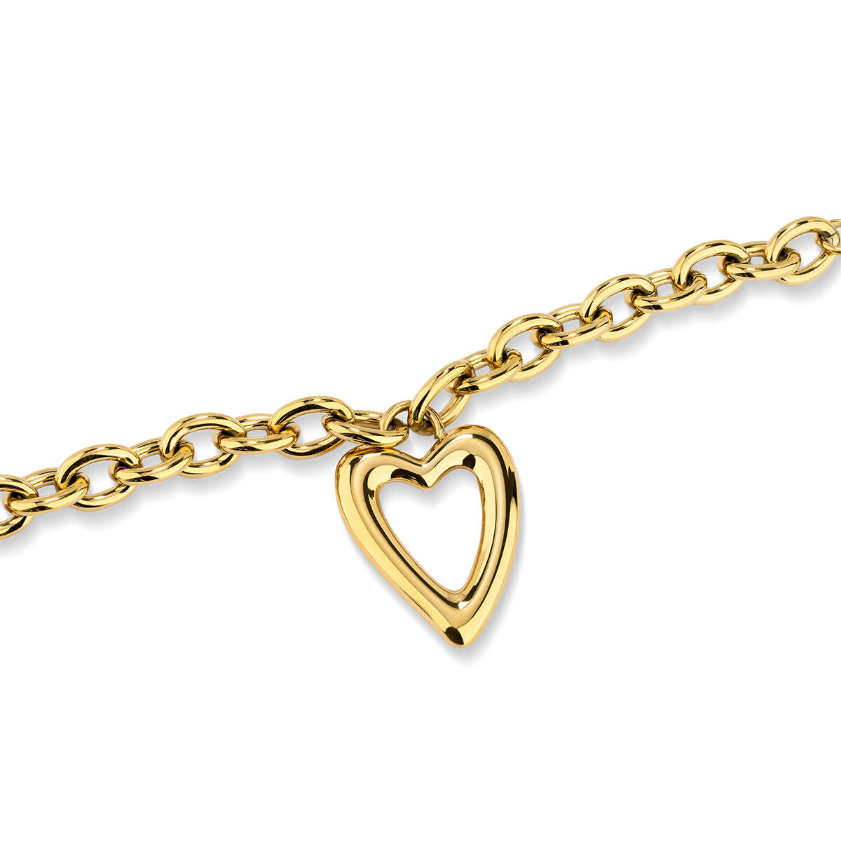 Detail van de gouden Radiant armband met een hartvormige hanger.
