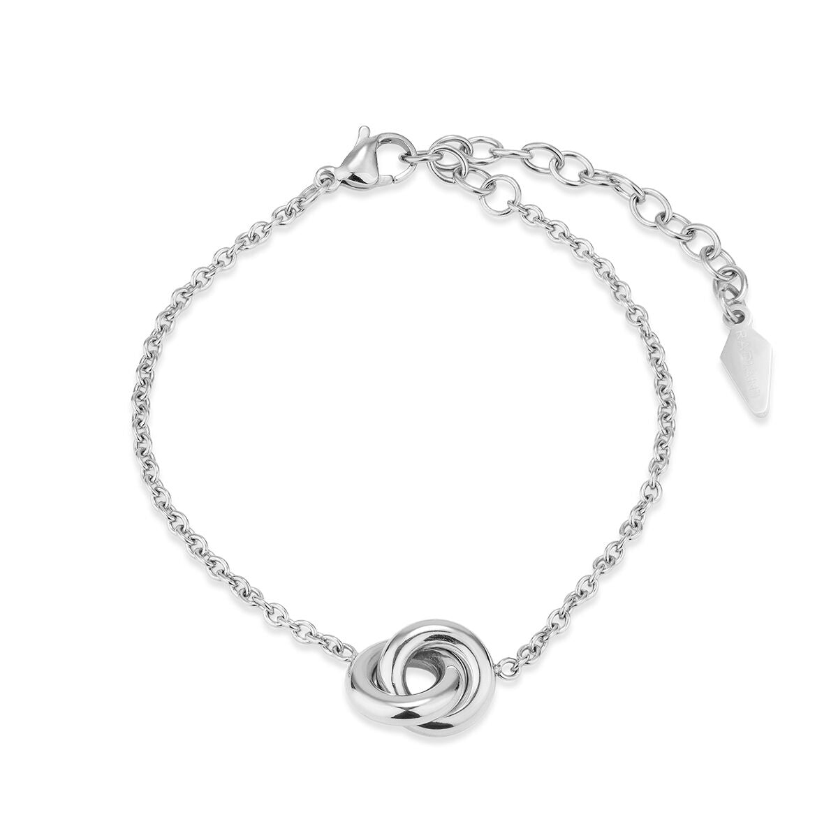 Zilverkleurige Radiant armband met elegant knoopontwerp, perfect voor elke gelegenheid.