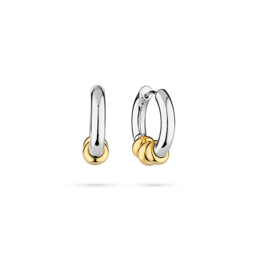 Zilverkleurige Radiant oorbellen met stijlvolle gouden accenten, elegant ontwerp.