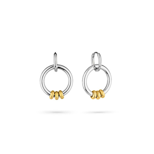 Zilverkleurige Radiant oorbellen met elegante afwerking en gouden details.