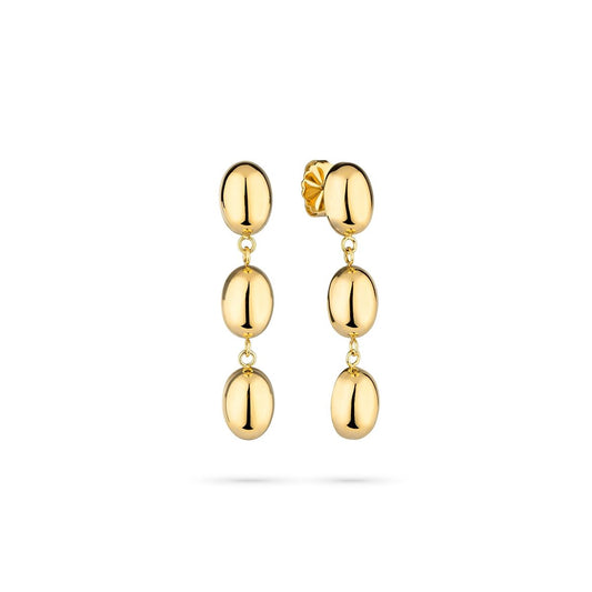 Gouden Radiant oorbellen met drie hangende schijven in elegante stijl.